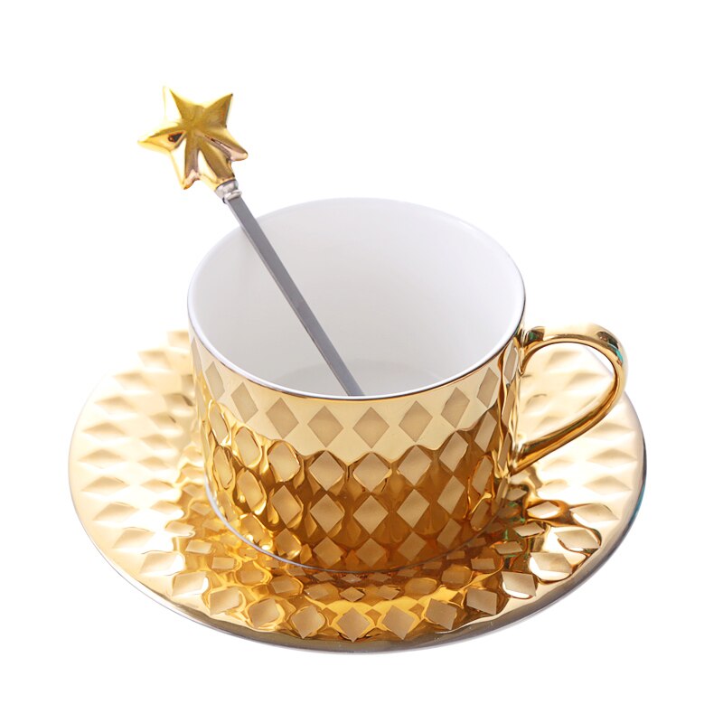 De West Luxe Stijl Goud Koffie Kop En Schotel Sets Lepel Tasse Taza Copo Geurende Thee Espresso Cappuccino Mok Cafe xicara Theekopje