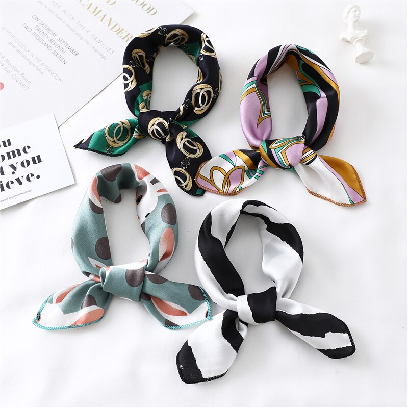 Women Small Satin Silk Scarf Square Print Wrap Foulard Femme Handkerchief Bandana Neck Hair Skinny Tie Scarves Shawls XC