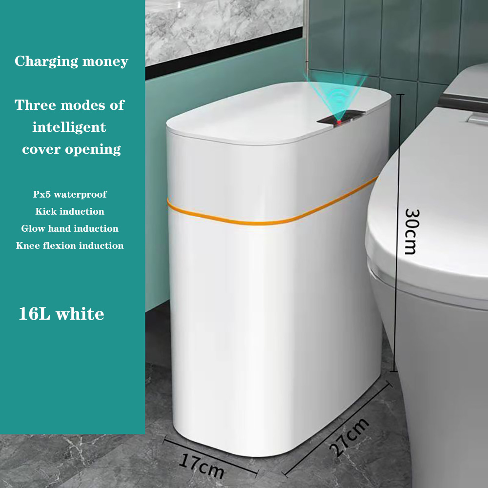 16L Intelligent Trash Can Smart Sensor Dustbin Electric Automatic Rubbish Can USB Waterproof Dustbin Home Induction Garbage Bin: 16L white