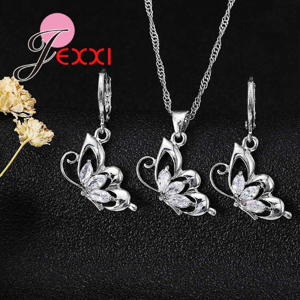 Elegante Mooie Vlinder Sieraden Set 925 Sterling Zilveren Bruiloft Ketting Oorbel Set Jurk Accessoires Fijne Sieraden