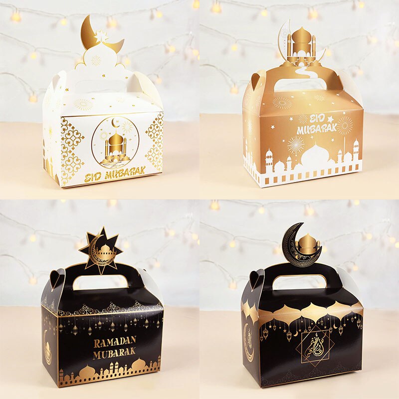 4Pcs Eid Mubarak Draagbare Handvat Papier Taartdoos Dessert Chocolade Cookie Verpakking Ramadan Moslim Eid Feestartikelen