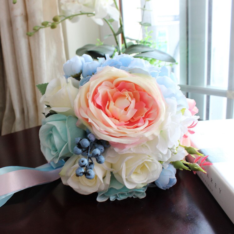 Handgemaakte Pioen Kunstmatige bruid Boeket Roze Pioen Blauwe Hortensia Blue Rose bloemen Bruidsmeisjes Boeket woondecoratie