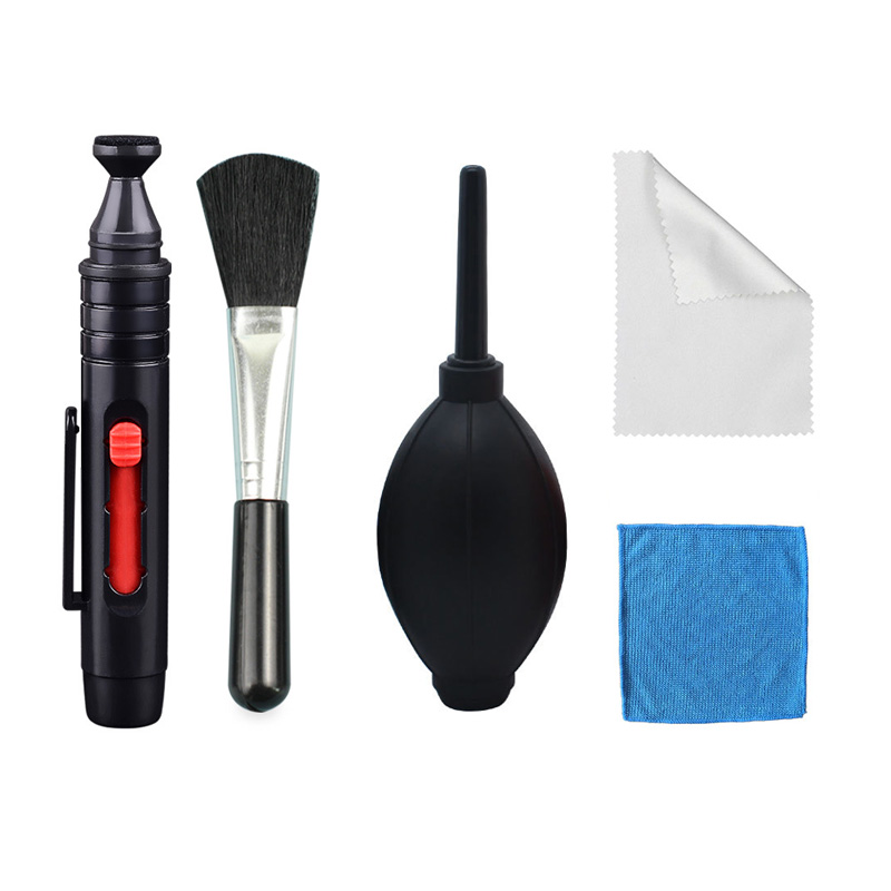 5-teiliges Kamera-Reinigungsset, Luftgebläse + Linsenbürsten + Reinigungsstift + Reinigungstuch für Kameraobjektive und Filter, Sensorbildschirm, LCD: Schwarz