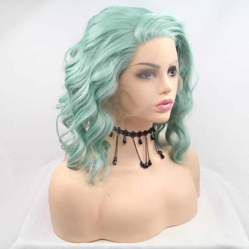 Weilai grön gradient kort lockigt hår peruk syntetisk spets front bob peruk sida del kvinnors hår värmebeständig fiber peruk