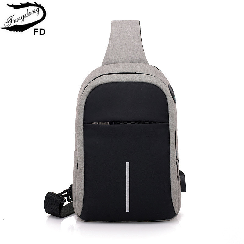 FengDong small crossbody bags for men one shoulder sling chest bag pack casual mini messenger bag with usb port