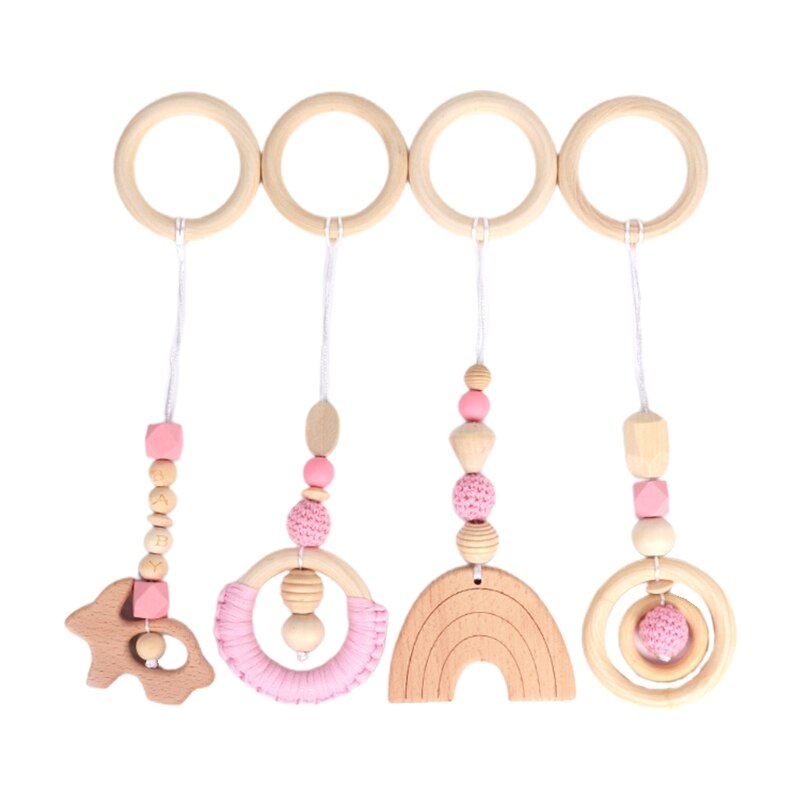 4 Stks/set Baby Play Gym Frame Wandelwagen Opknoping Hangers Hout Ring Bijtring Molaire: Roze
