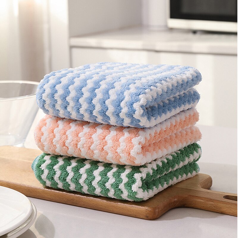 Household Super Absorbent Microfiber Towel Toad Kitchen Cleaning Towel Thicken Wave Stripes Coral Fleece