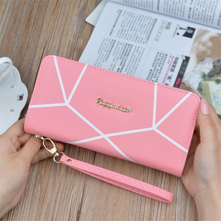Lady Purse Geometric Pattern Wallets Large Capacity Zipper Wallet Korean Style Clutch Bag Card Holder.: Pink