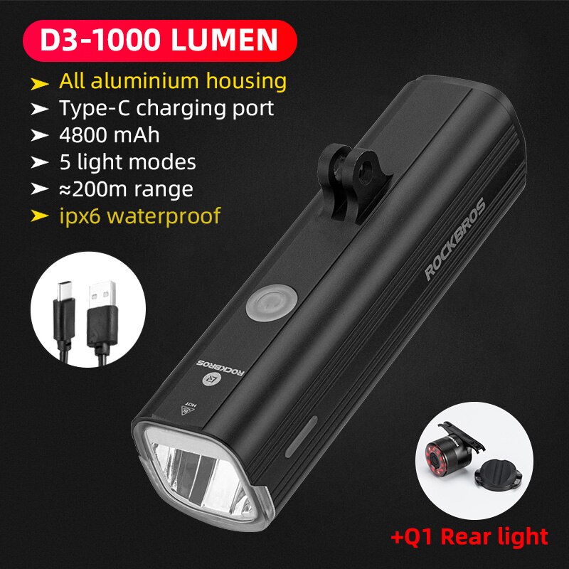 ROCKBROS Bike Front Light IPX6 Waterproof USB Rechargeable Bicycle Light 1000LM Cycling Headlight LED 4800mAh MTB Flashlight: D3-1000 and Q1