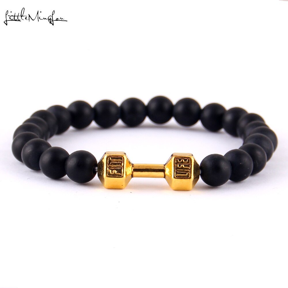 Little Minglittle Fit Life Dumbbell charm fitness bracelet Black Matte stone bead men Bracelets & bangles for women jewelry: 4238d