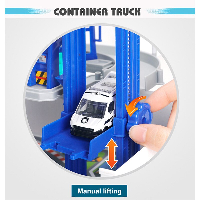 2 in 1 spoorwegracebaan elektrische auto speelgoed parkeerplaats met lichte muziek assembleer container vrachtwagen baan speelgoed voor jongens