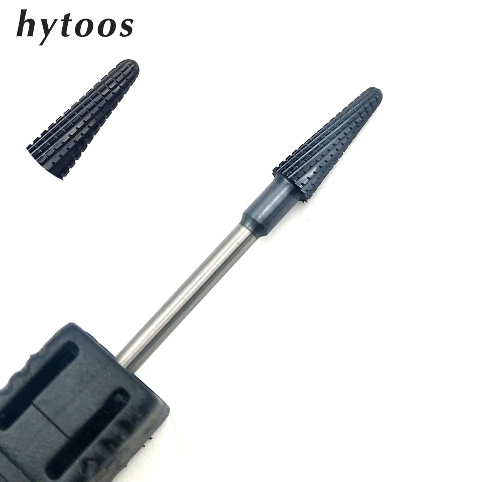 Broca para uñas de carburo de tungsteno de titanio negro de HYTOOS, brocas de cono de 3/32 "para manicura, accesorios, herramientas de fresado de uñas