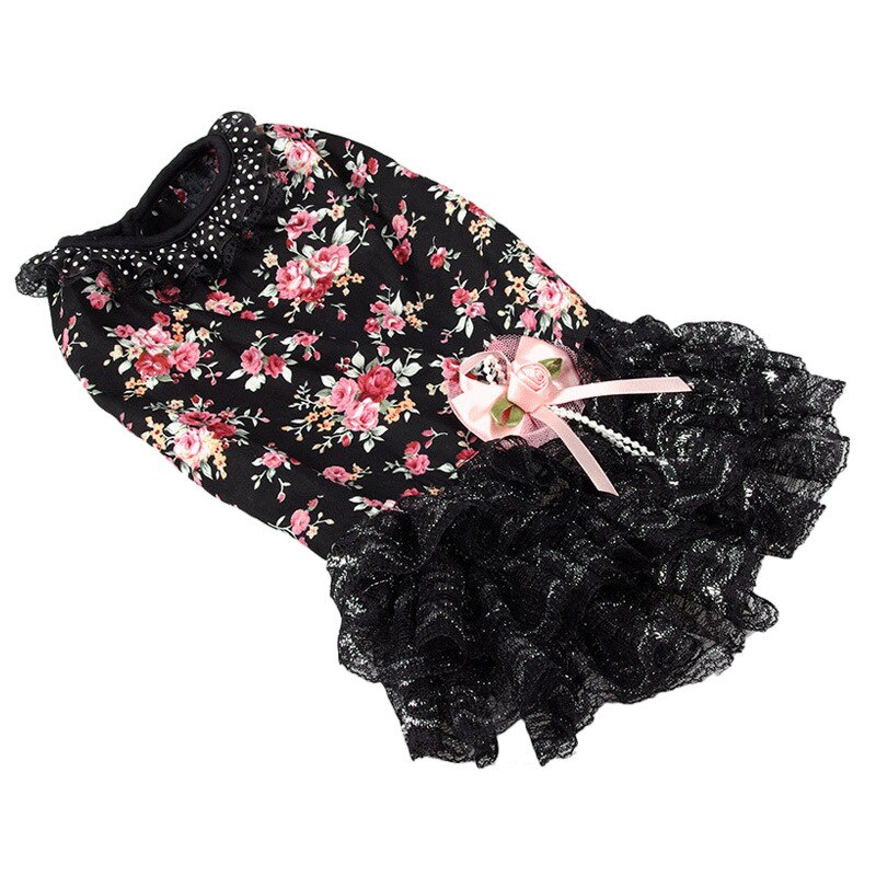 Vestido estampado Floral para mascotas, ropa para perro pequeña, falda de disfraz de Bulldog Francés, bonito collar negro para chica de verano