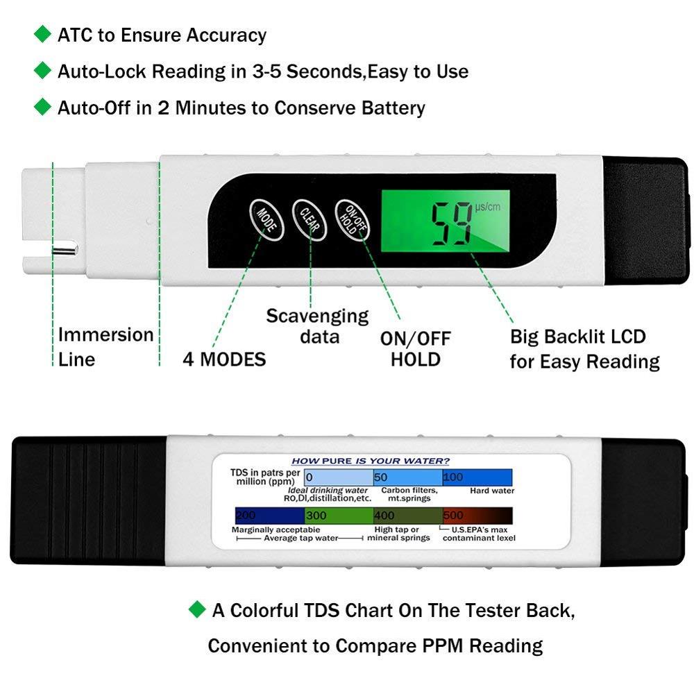 TDS mètre testeur de de l'eau TDS EC et compteur de température 3 en 1 0-9999 ppm mètre pour Test d'eau potable, café, piscine