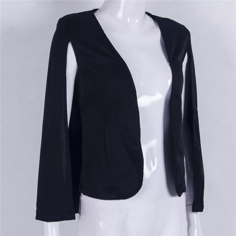 Mode Vrouwen Polyester Mantel Jas Zwart Pak Lange Mouwen Revers Cape Split Poncho Effen Jas W3