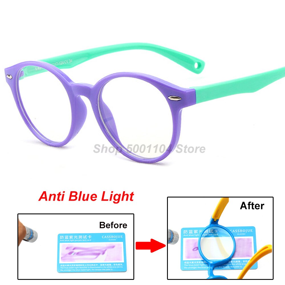 Runde briller børn anti-refleks filter børn briller pige dreng optisk ramme klare linser  uv400 anti blåt lys blokering: Lilla grøn