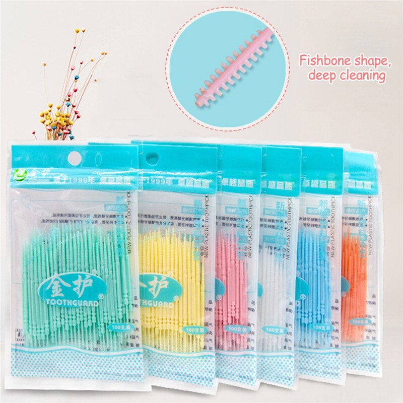 100pcs 6.3Cm Double-headed Dental Brush Floss Interdental Toothpick Teeth Sticks Tooth Clean Oral Care Interdental Brush