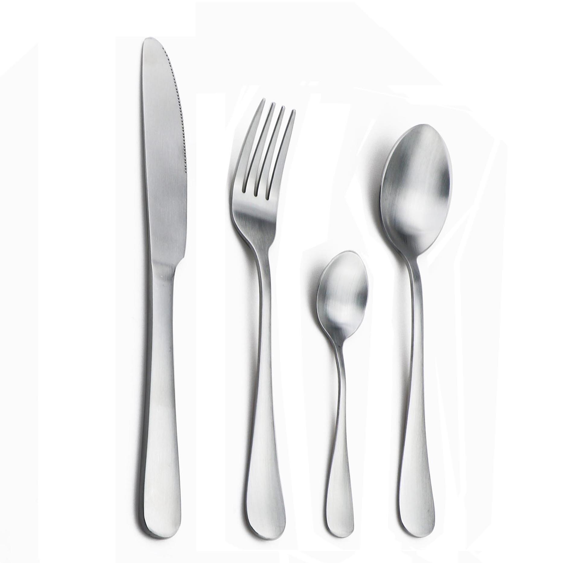 JANKNG Silver Dinnerware Set Stainless Steel Matte Silverware Cutlery Steak Knife Dessert Fork Teaspoon Tableware: 4 Pcs Set