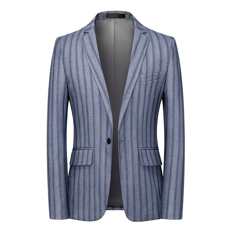 Plyesxale-Blazer de rayas verticales para hombre, chaqueta informal de negocios, de talla grande, color azul claro, Q391,