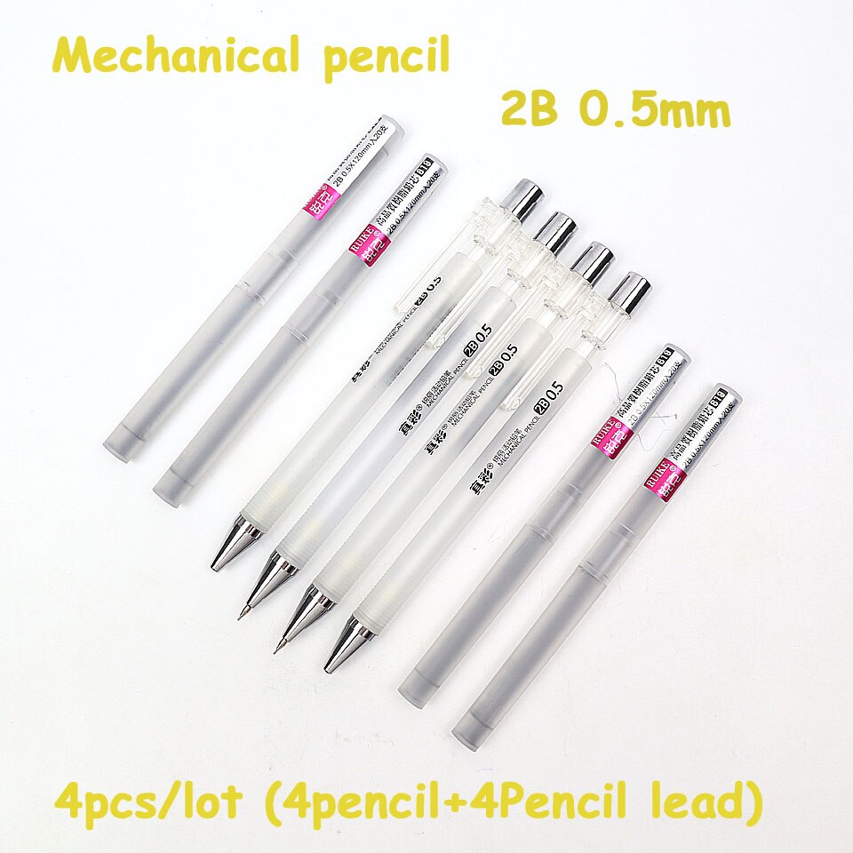 4 stk mekanisk blyant 2b 0.5-0.7mm plast frostet gennemskinnelig automatisk blyant tegne maleri til studerende kontorartikler: 4 pen  --2 refill -0.5