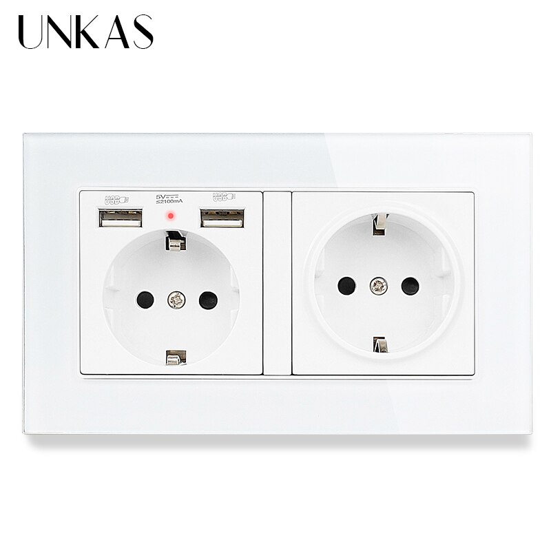 UNKAS Russia Spain EU Standard 16A Wall Socket Dual USB Charge Port Tempered Crystal Glass Panel Black White Grey Outlet