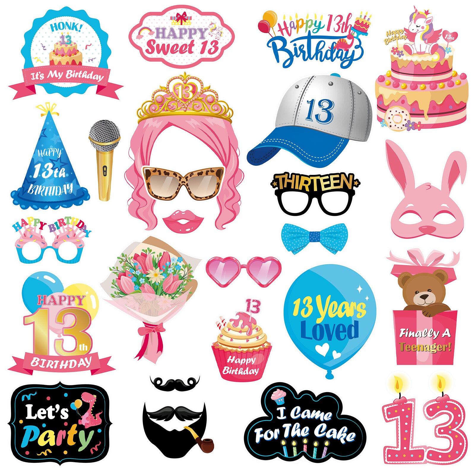 Abaodam 25pcs 13th Birthday Photo Booth Props Already Assembled with Wooden Stick Photo Props Selfie Props Birthday Party