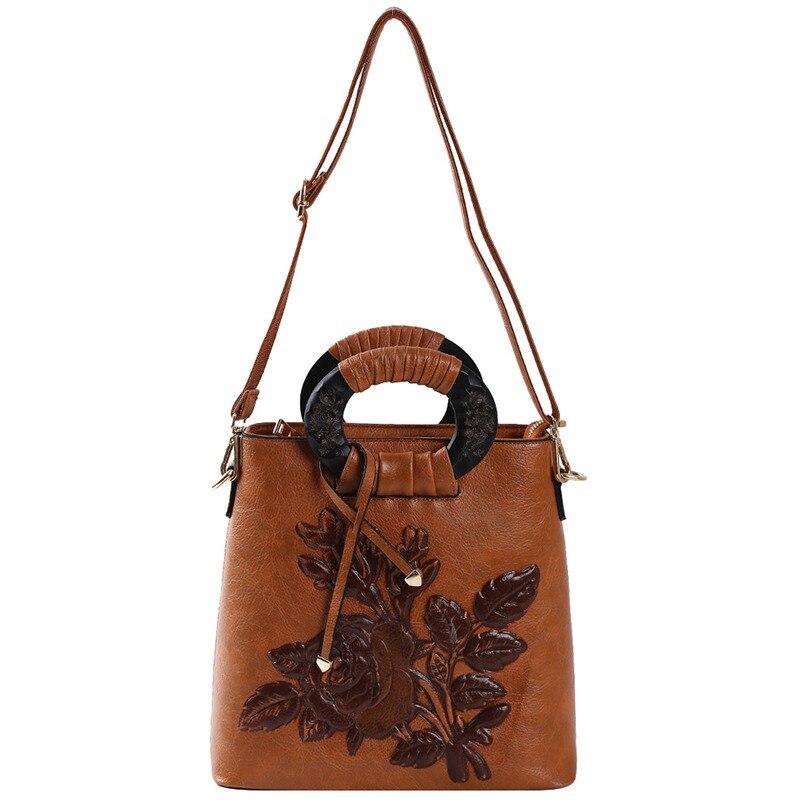 Sac à main rétro à motif de fleurs rouges pour femmes, asymétrique épaule, sacoche en cuir gaufré, sacoche seau, sacoche chinoise,