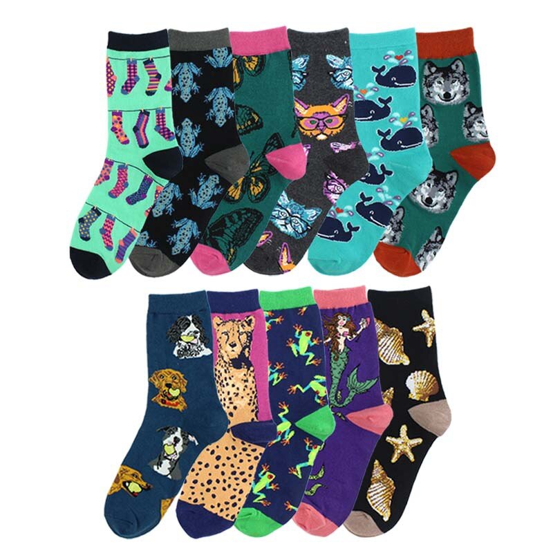 Harajuku Happy Socks para mujer divertidos dibujos animados Rana perro Concha ballena mariposa patrón transpirable calcetines de algodón para mujer
