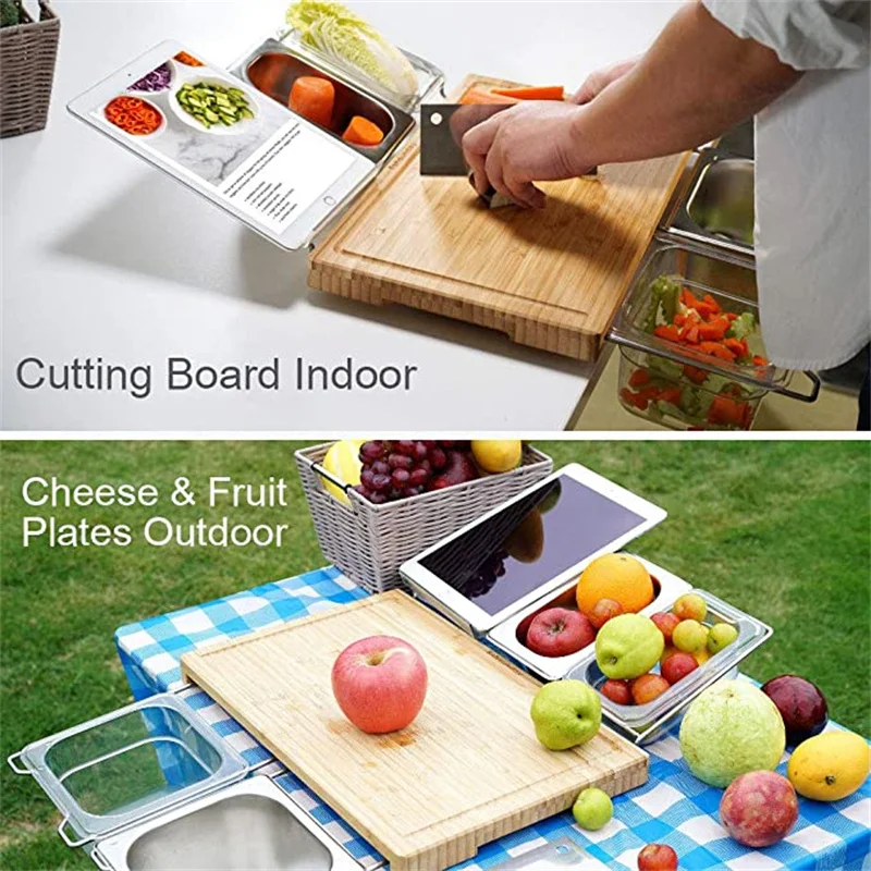 Bamboo Cutting Board for Kitchen, Wood Chopping Board, Bamboo Board with Tray, Chopping Board with Stainless Steel Juice Catcher