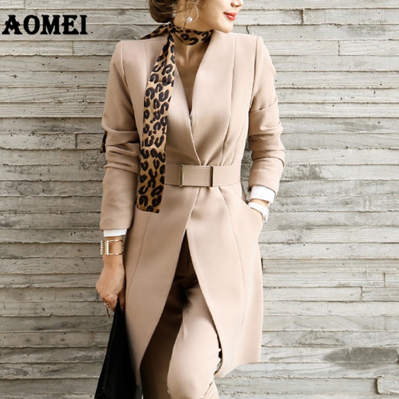 Suit Women Classy Blazer Dress Workwear Office with Waist Belt V Neck Ladies Long Blaser Fall Winter Tops with Pants