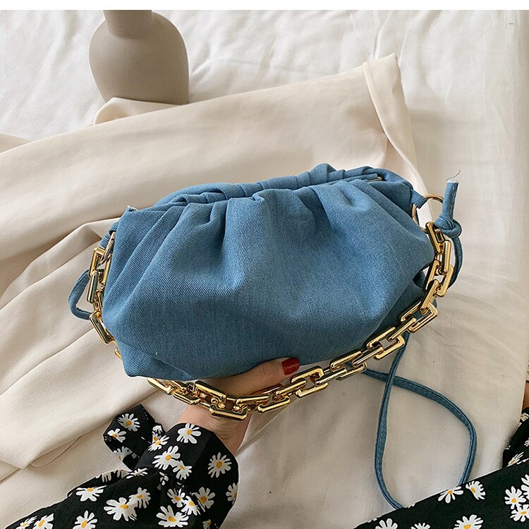 Ruwe ketting dames handtassen cowboy blauwe bao denim vrouwelijke cloud crossbody tassen vouwbare dames schoudertassen: Blauw