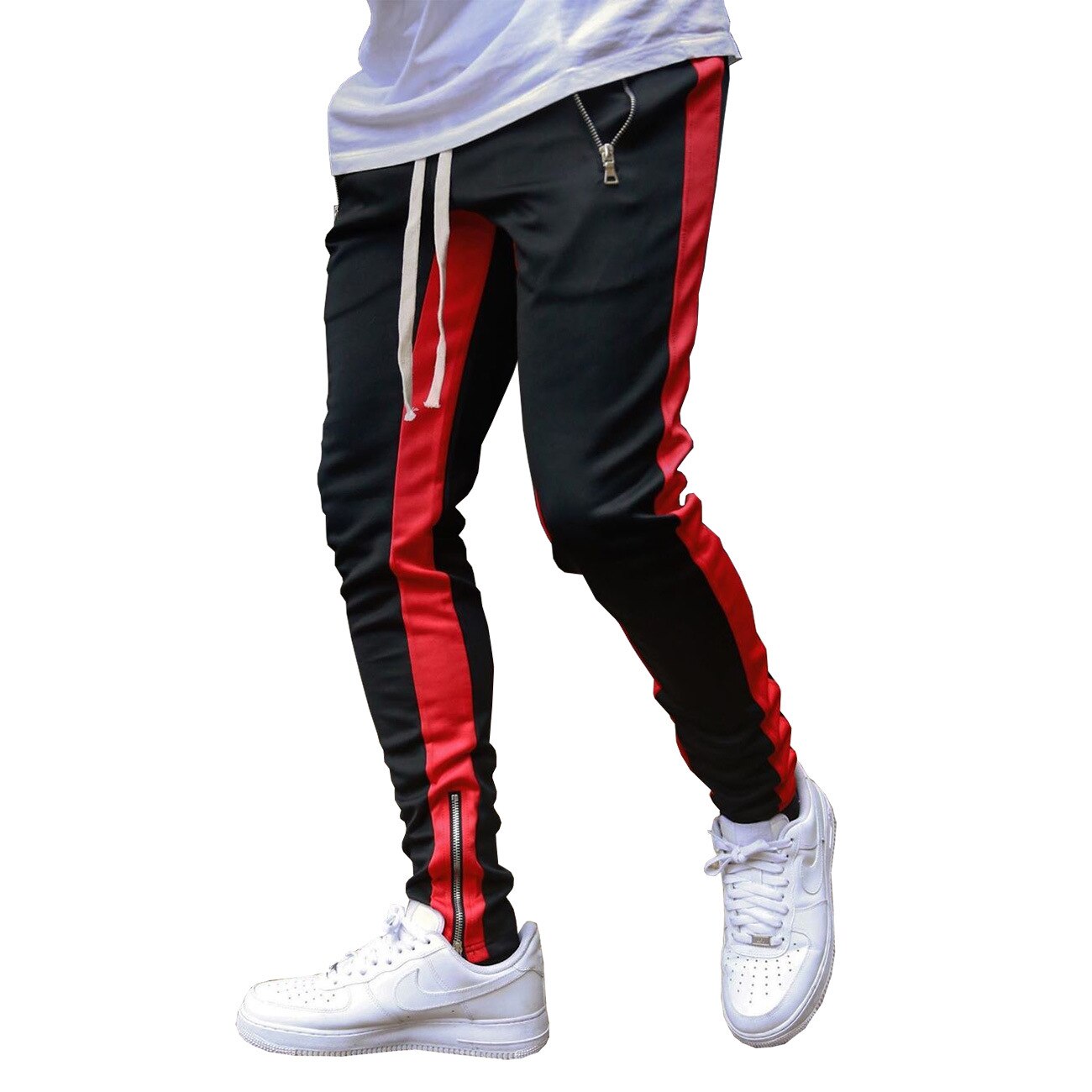 Mens Joggers Casual Pants Fitness Men Sportswear Tracksuit Bottoms Skinny Sweatpants Trousers Black Gyms Jogger Track Pants: XL / Black Red