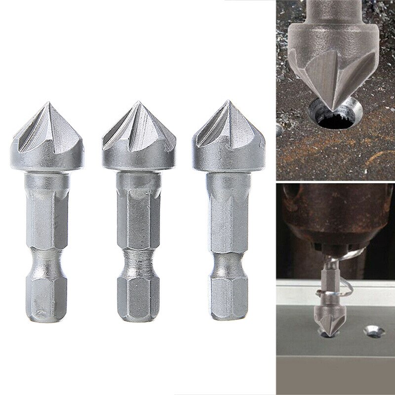 6Flute 90 Degree Countersink Drill Chamfer Bit 1/4" Hex Shank Carpentry Woodworking Angle Point Cutting Cutter Remove Burr Tools