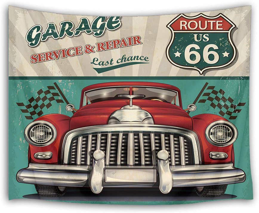 Vintage Auto Garage met Route 66 Muur Deken voor Slaapkamer Woonkamer Dorm