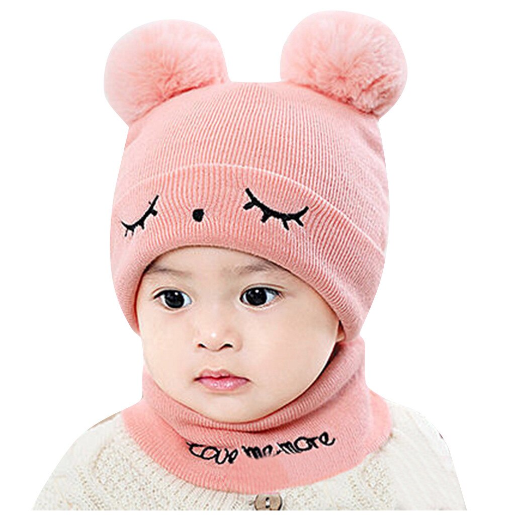 Brand Newborn Baby Kids Girls Boys Winter Warm Knit Hat Furry Balls Pompom Solid Warm Cute Lovely Beanie Cap: Pink