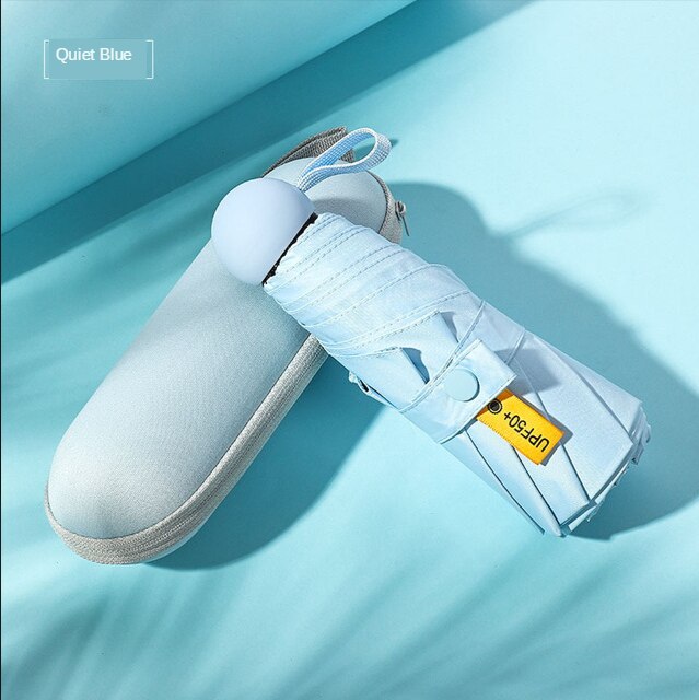 Ultra-Light Small Mini Portable College Style Folding Capsule Five-fold Umbrella Vinyl Sun-resistant UV-Protection College Style: Quiet Blue