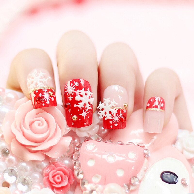Faux ongles courts artificiels de noël, rouge vin, pour manucure, avec motifs, joli cerf de neige, couverture complète bricolage-même, 24 pièces: Z010