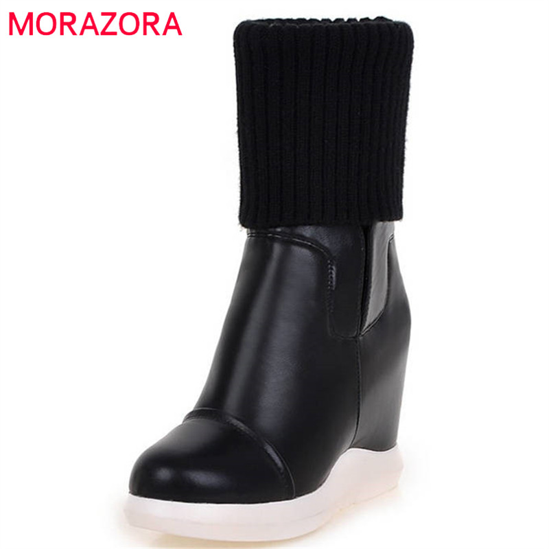 Morazora stil rund tå midt læg støvler kvinder slip on stretch støvler komfortable kiler sko kvinde efterår vinter støvler