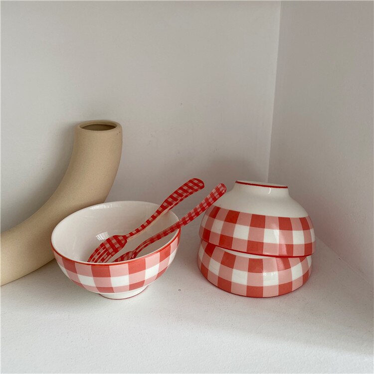 Korean Retro Red Plaid Bowl Ceramic Rice Bowl One Person Tableware Breakfast Bowl Salad Bowl