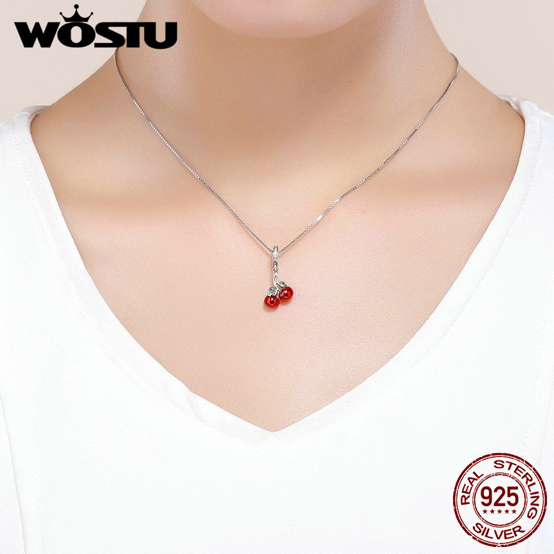 WOSTU Real 925 Sterling Silver Red Cherry Pendant Charms fit Original Women Bracelet Necklace 925 Jewelry CQC784