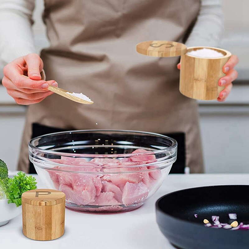 Bamboo Salt And Pepper Cellar,Spice Containers,Swivel Lids - 2 Boxes With Spoons - Engraved With S And P