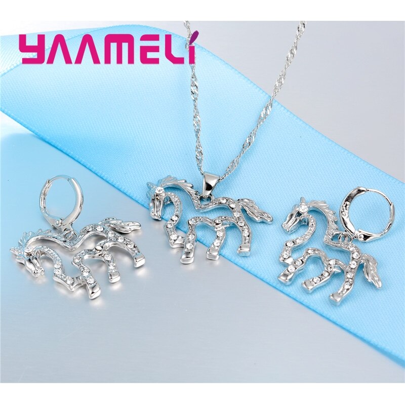 Luksus 925 sterling sølv bryllup smykker sæt skinnende klar ædelsten cz krystal hest vedhæng halskæde øreringe