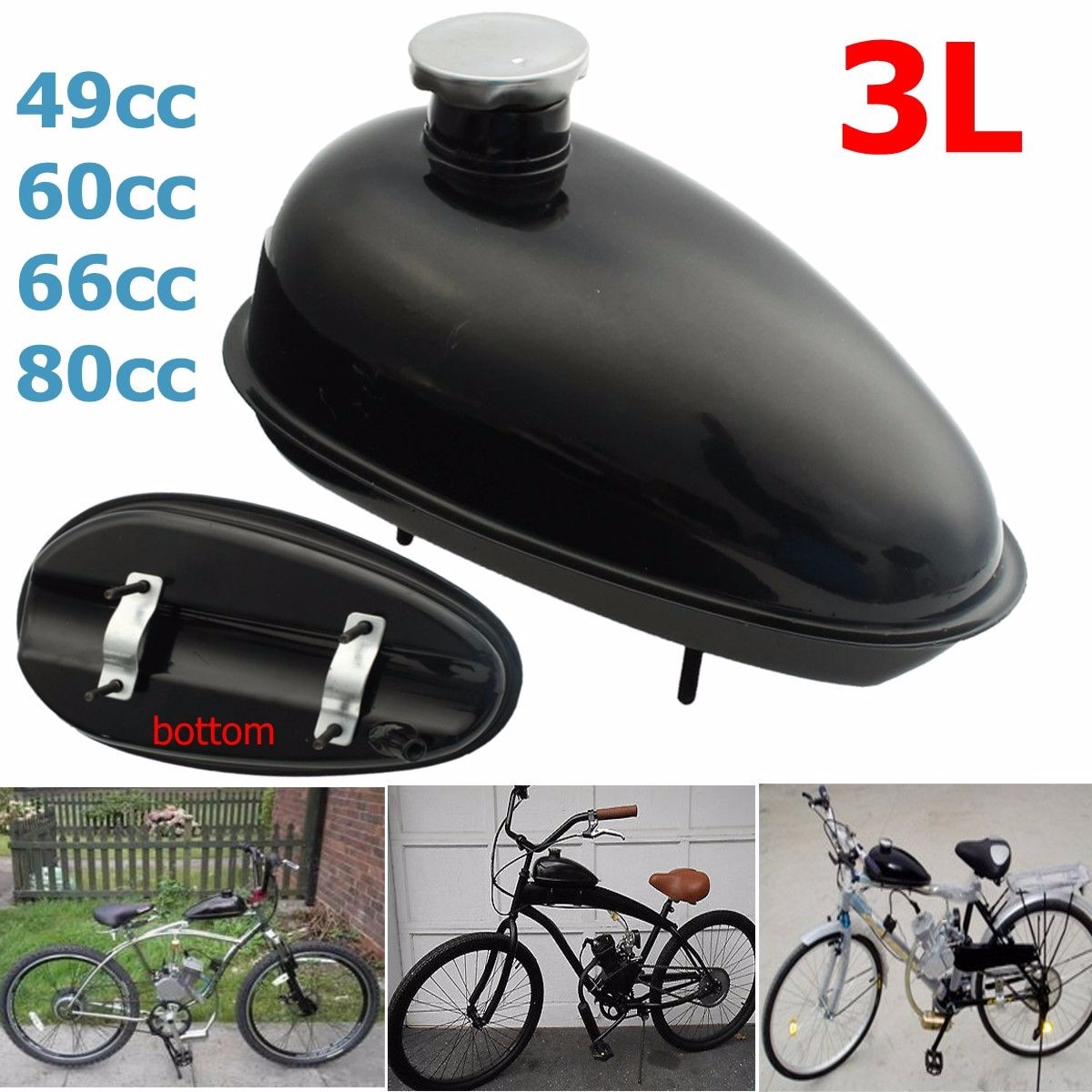 Yleinen musta moottoroitu polkupyörä 3l polttoainesäiliön korkki 80cc 60cc 66cc 49cc moottorille