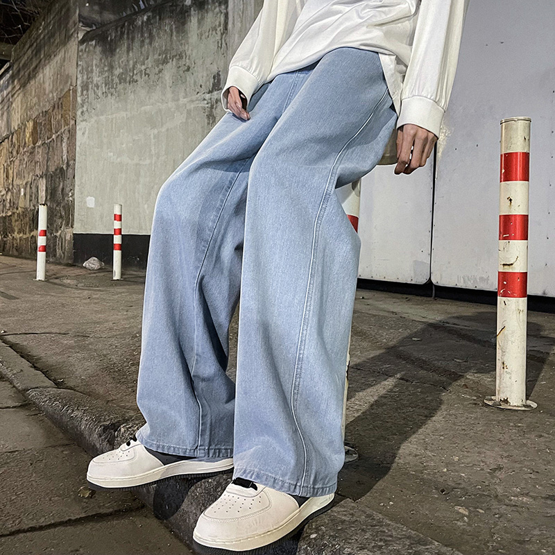 2023 männer Jeans Koreanische Ausführung Schüler lässig Hosen hoch Straße Gerade verlieren Breite Bein Jeans Schwarz Grau Blau ausgebeult Jeans