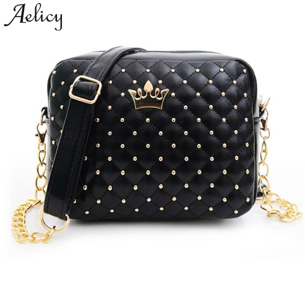 Aelglacial femmes sac femmes sacs de messager Rivet chaîne sac à bandoulière de en cuir PU bandoulière quilé couronne sacs