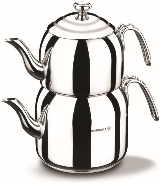 A056 Korkmaz Droppa Caydanlik Theepot Rvs Midi Inductie Lijn Nieuw In Originele Verpakking