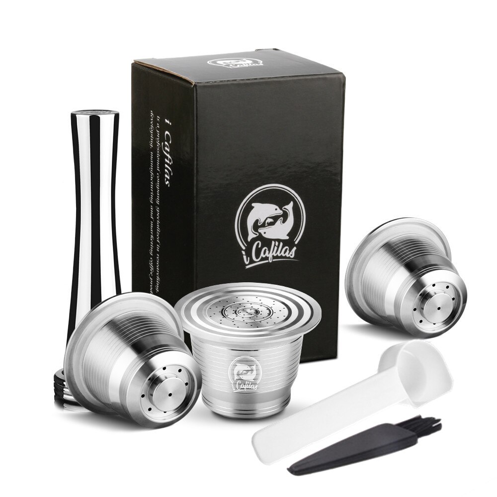 ICafilas-cápsula de café rellenable para máquina Nespresso Inissia, cápsulas Krups YY1531FD de acero inoxidable y compactador,: 3 Capsule 1Tmaper