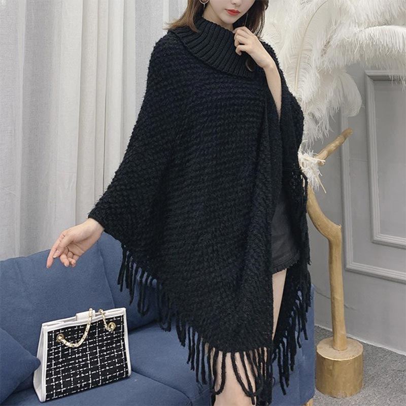 Jocoo Jolee Frauen Winter Koreanische Pelzigen Weichen Lose Rollkragenpullover Quaste Mantel Beiläufige Lange Stricken Poncho Harajuku Pullover: Black