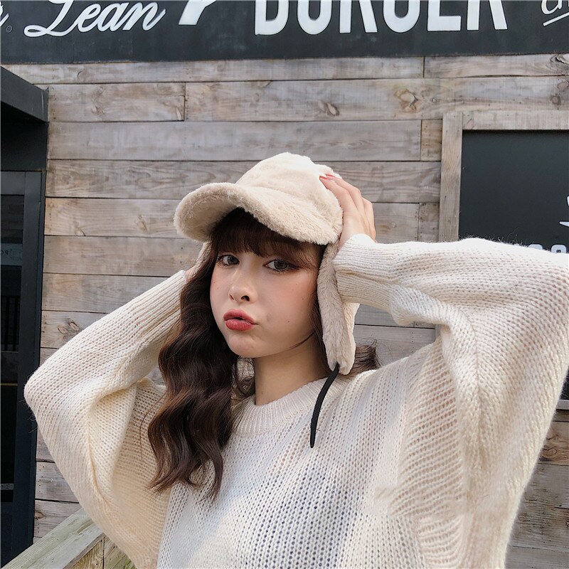 Gorros de lana con capucha para mujer, gorro de lana estilo aviador, cálido, para esquiar, Otoño e Invierno