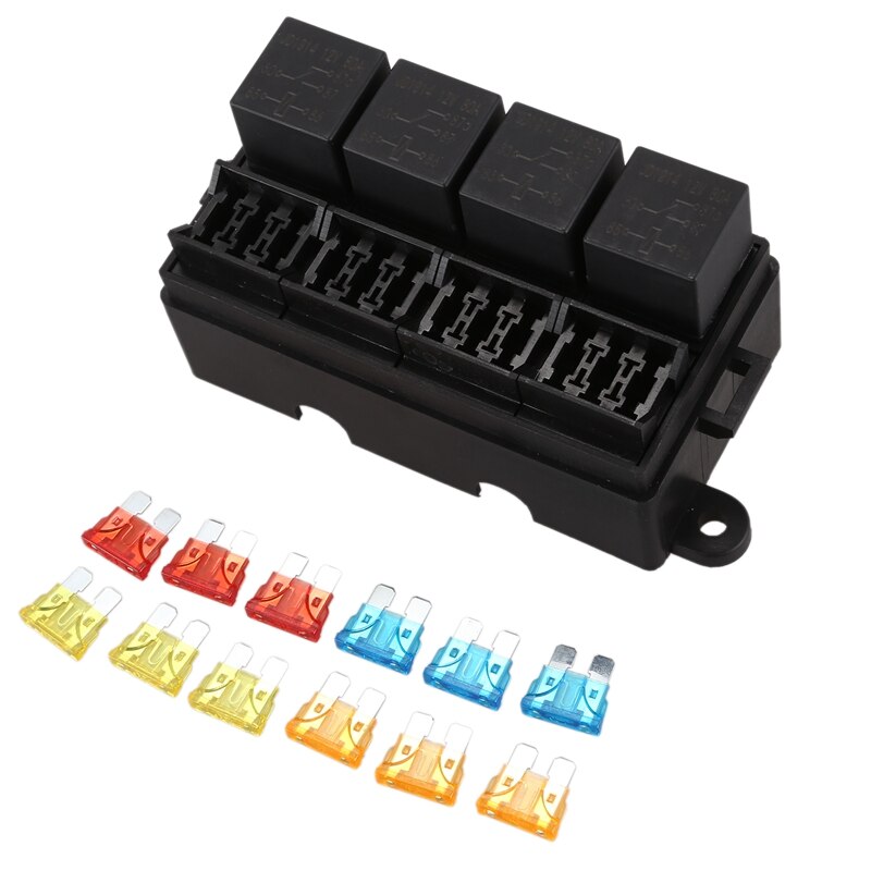 12 Way Blade Fuse Holder Box with Spade Terminals and Fuse 4PCS 4Pin 12V 40A Relays for Car Truck Trailer and Boat